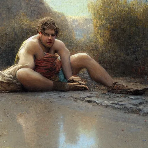 Image similar to man stuck in asphalt, smooth digital painting by Gaston Bussiere, photorealistic