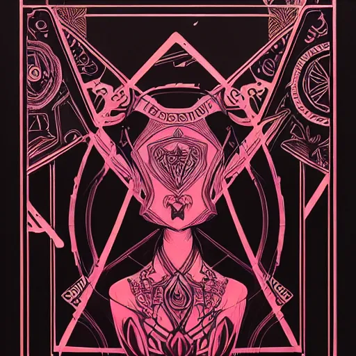 Image similar to rebound, pink maroon and black, detailed linework, cinematic, psychedelic, black paper, ornate, symmetrical, tarot card, highly detailed, ink illustration, style of peter mohrbacher, golden ratio, 8k,