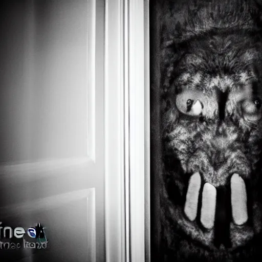 Image similar to photograph of a werewolf in the door frame of a bedroom, black and white, creepy, blurry