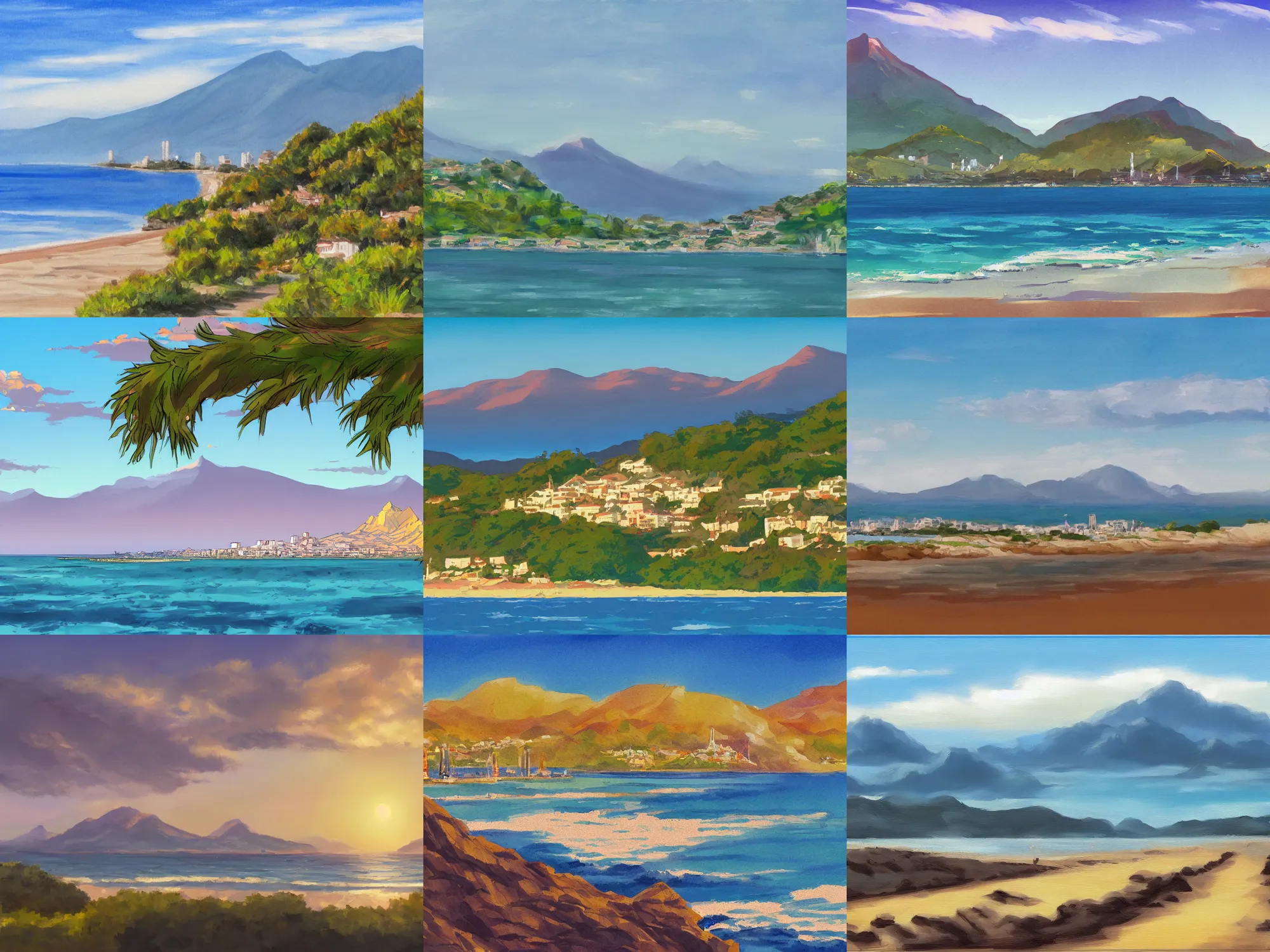 Prompt: view from the sea of marbella landscape, sun coast, small city, beach, mountain in the background, trending on artstation, studio ghibli, fine art, 8 k resolution