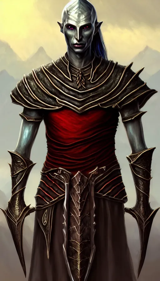 Image similar to hyperrealistic full body image of morrowind dunmer male nerevarine in front of balmora, red eyes, 3 / 4 portrait, symmetrical face, handsome face, full body dnd character portrait, medieval armor, morrowind armor, oblivion armor, skyrim armor, eso armor, intricate, highly detailed, elegant, 4 k, artstation, deviantart