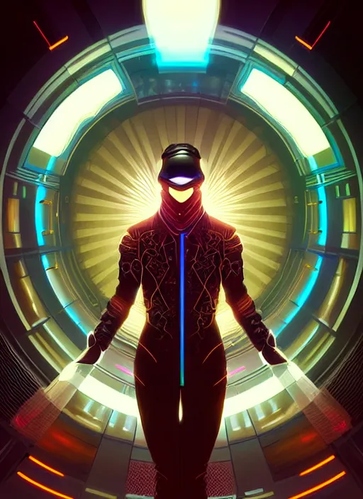 Prompt: symmetry!! portrait of ninja entering a casino, sci - fi, tech wear, glowing lights!! intricate, elegant, highly detailed, digital painting, artstation, concept art, smooth, sharp focus, illustration, art by artgerm and greg rutkowski and alphonse mucha