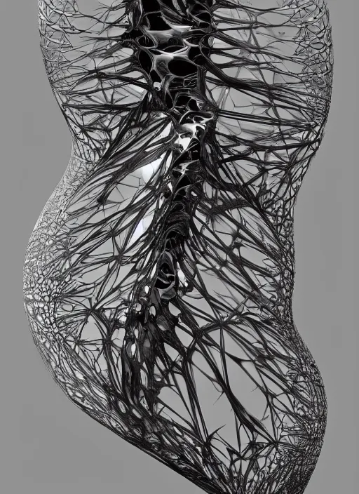 Image similar to cyberpunk noir by zaha hadid, iris van herpen and rick owens. highly detailed, hyper - real, very beautiful, intricate fractal details, very complex, opulent, epic, mysterious, polished, futuristic design, trending on deviantart and artstation