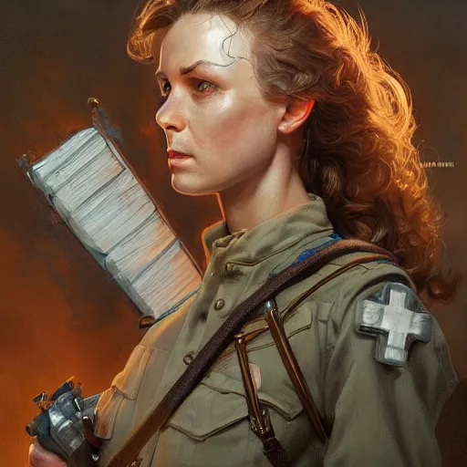 Image similar to a portrait of a woman medic during a battlefield, highly detailed, centered, digital painting, artstation, concept art, donato giancola, Joseph Christian Leyendecker, WLOP, Boris Vallejo, Breathtaking