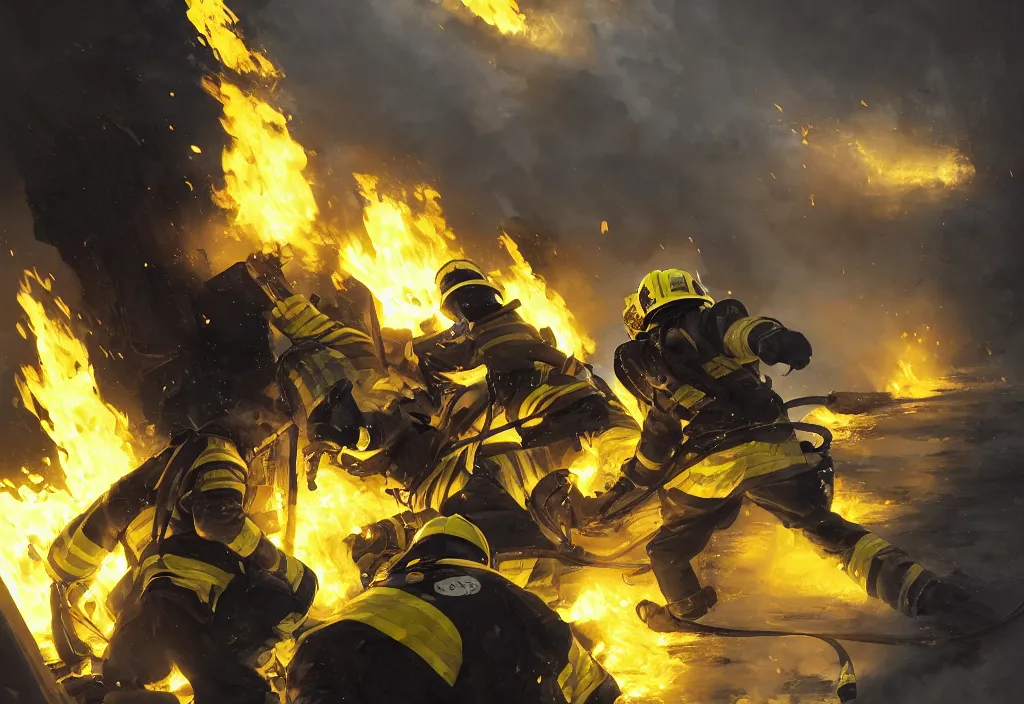 Image similar to heroic firefighter in action in black and yellow uniform, fire flames, sharp details, sharp focus, elegant, highly detailed, illustration, by jordan grimmer and greg rutkowski and pine ( ハイネ ) and 薯 子 imoko and 香 川 悠 作 and wlop and maya takamura, intricate