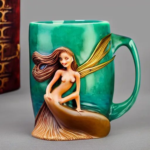 Image similar to an amazing ceramic realistic arial mermaid sculpture mug, creative, beautiful, award winning design, functional, colorful