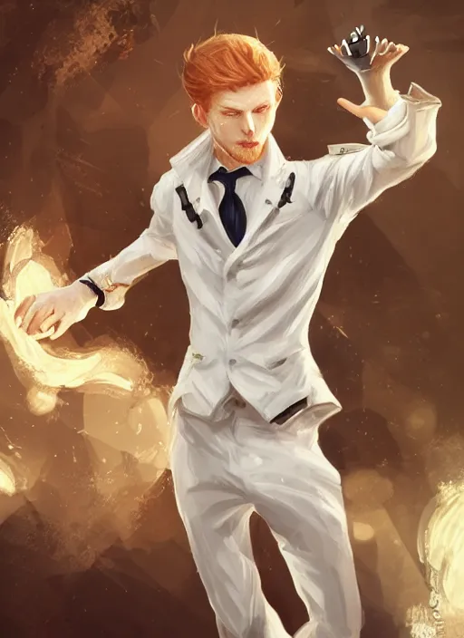 Prompt: a highly detailed illustration of short ginger haired man wearing white suit, dramatic holding chess piece pose, intricate, elegant, highly detailed, centered, digital painting, artstation, concept art, smooth, sharp focus, league of legends concept art, WLOP