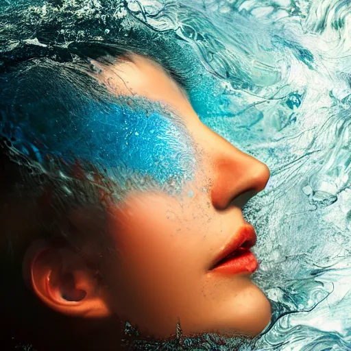 Prompt: water artwork manipulation in the shape of a human head, on the ocean water, ray tracing, realistic water sharp focus, long shot, 8 k resolution, cinematic, amazing water art, cgsociety, surreal water art