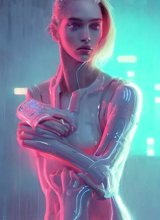 Image similar to a sensual caucasian female humanoid with freckles, cyber neon lighting, futurism, intricate futuristic jewelry accessories, cyberpunk high fashion, profile posing, hyper photorealistic, crispy quality, digital photography, trending in artstation, trending in pinterest, cinematic, 4 k ultra hd, art by pascal blanche, art by greg rutkowski,