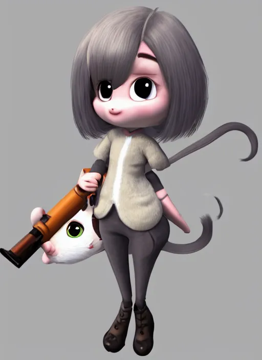 Image similar to female furry mini cute style, character adoptable, highly detailed, rendered, ray - tracing, cgi animated, 3 d demo reel avatar, style of maple story and zootopia, maple story gun girl, grey mouse, soft shade, soft lighting