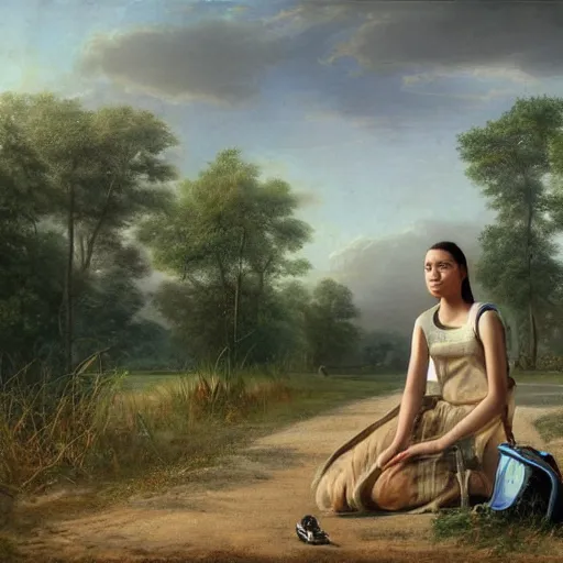 Prompt: a sad teen girl is sitting at the roadside of a desolate highway in assam on bended knees, and a young guy in futuristic dress is gazing at her sympathetically standing beside her, art by pieter claesz, beautiful guwahati city outskirt background by Albert Bierstadt, but as realistic natural photography, movie still, cinematic bright sunny daylight, intricate detailed