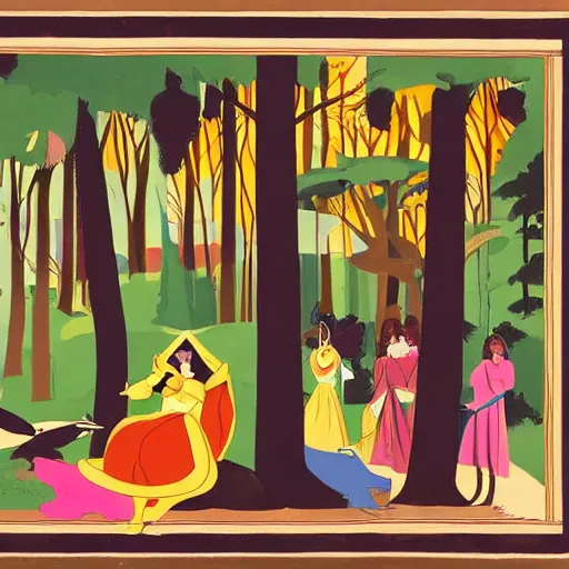 Image similar to A beautiful computer art of Princess Aurora singing in the woods while surrounded by animals. She looks so peaceful and content in the company of the animals, and the colors are simply gorgeous. cutaway by Jacob Lawrence flowing, random