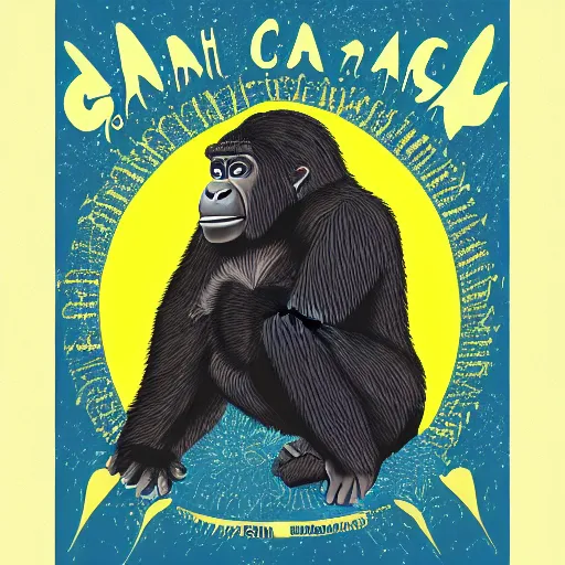 Image similar to gorilla illustrated in the style of can's tago mago album cover