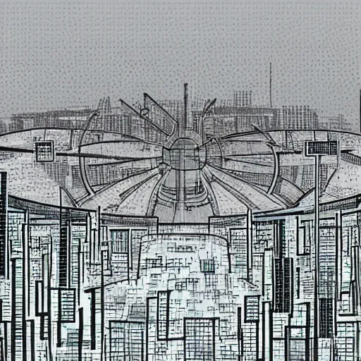 Prompt: a vast sci-fi city centred around a nuclear reactor dome in the style of JS Lowry, high resolution