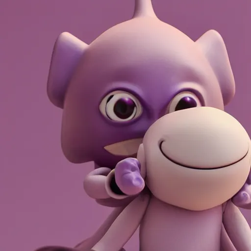 Prompt: purple clay character, laughing, studio ghibli looking at the camera, cute anime style, octane render