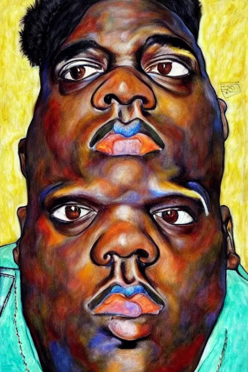 Prompt: a portrait of biggie smalls wearing boho - chic style clothes, with a fur muffler, full body!!, realistic painting in egon schiele style, masterpiece, hyperdetailed, complex, intricate, 4 k, hyperrealistic, trending on artstation