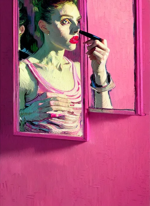 Prompt: portrait of a beautiful girl, putting on lipstick in mirror, shades of pink, beautiful face, rule of thirds, intricate outfit, spotlight, by greg rutkowski, by jeremy mann, by francoise nielly, by van gogh, digital painting