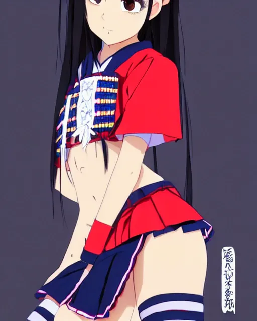 Image similar to a beautiful! boyish! amber midthunder alluring gravure! model, wearing japanese school girl outfit with mayan pattern and native style, aztec street fashion, gapmoe yandere grimdark, trending on pixiv fanbox, painted by greg rutkowski makoto shinkai takashi takeuchi studio ghibli, akihiko yoshida