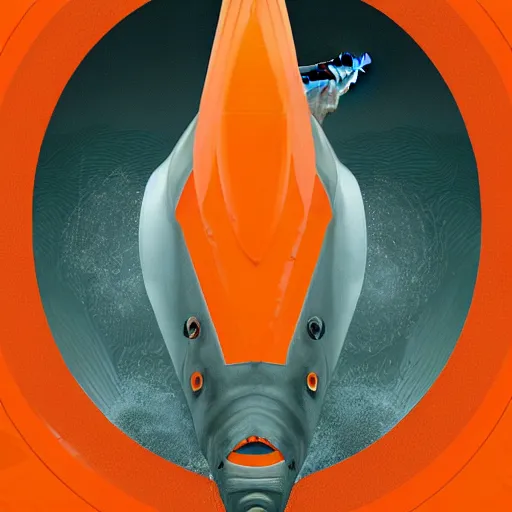 Image similar to great white shark with a conical orange traffic cone orange traffic cone orange traffic cone for a dorsal fin - ron cheng & alphonse mucha, highly detailed, digital painting, ray tracing, concept art, illustration, smooth sharp focus, intricate, symmetry, artstation,