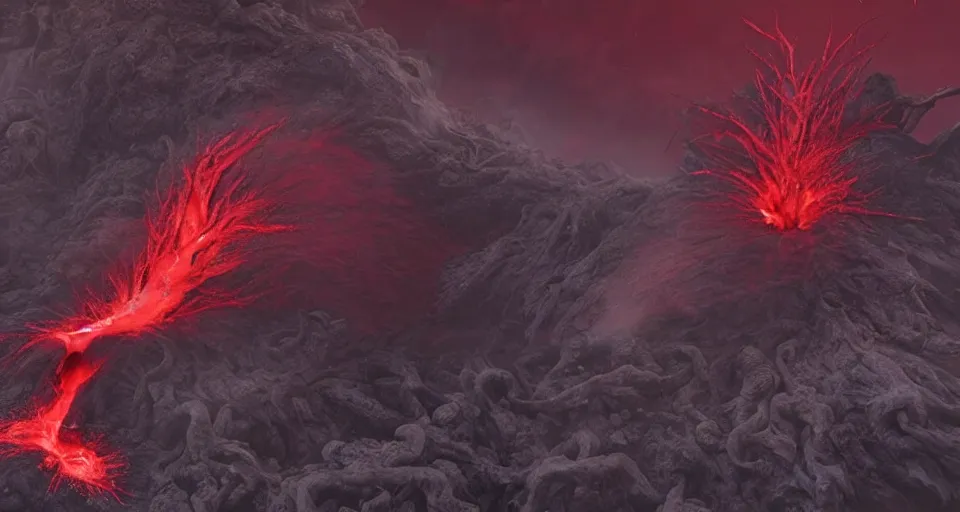 Prompt: a volcano made of ivory vines and crimson rocks enters in eruption, it spits a smoke in the shape of demonic eye, from Cryptid Academia