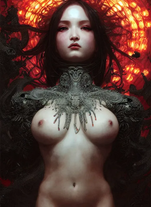 Image similar to beautiful hyper detailed woman covered by black oil, intricate lights, venomize, phoenix, bio luminescent, plasma, by ruan jia and artgerm and range murata and wlop and ross tran and william - adolphe bouguereau and beeple. key art. fantasy illustration. award winning, artstation, intricate details, realistic, 8 k.