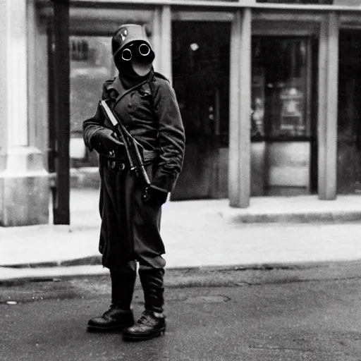 Prompt: a trenchcoat soldier wearing a gasmask and officer hat, standing on street corner, gritty, noir