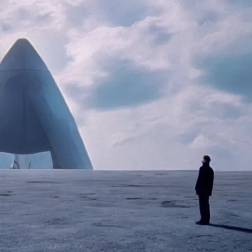 Image similar to a enormously big futuristic space ship hardly can be seen through clouds shifting towards the earth, a man in the middle of the scene watching it from the ground, by Roger Deakins, by Stanley Kubrick, cinestill 800t, trending on artstation, by Christopher Nolan