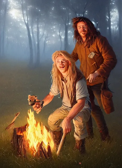 Image similar to highly detailed portrait of long - haired blonde hillbilly around a bonfire with his fluffy australian shepherd, stephen bliss, art by greg rutkowski, loish, rhads, ferdinand knab, makoto shinkai and lois van baarle, artgerm, pixar, ilya kuvshinov, rossdraws, tom bagshaw, global illumination