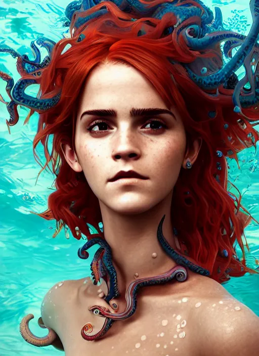 Prompt: underwater pirate portrait of emma watson, red hair, octopus, parrot, hyper detailed, digital art, cinematic lighting, studio quality, smooth render, unreal engine 5, octane rendered, art style by klimt and nixeu and ian sprigger and wlop and krenz cushart.