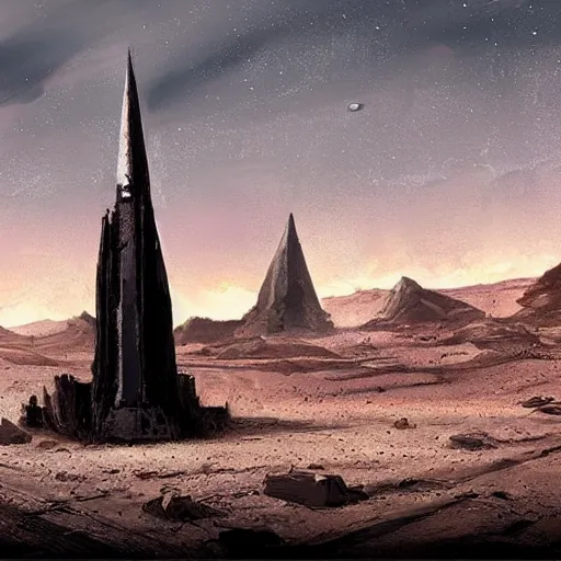 Image similar to a beautiful painting of a tall black spire jutting out of a post apocalyptic wasteland by jonathan bentley and Benjamin Sjoberg, scifi concept art, dystopian, desolate desert.