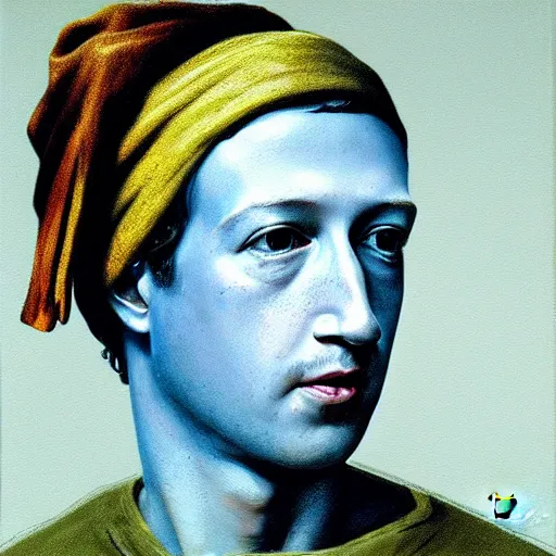 Image similar to mark zuckerberg with a Pearl Earring painted by Beksinski