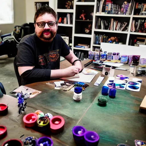 Image similar to violet - haired male game designer who plays blood bowl and paints miniatures, sitting at his untidy working table