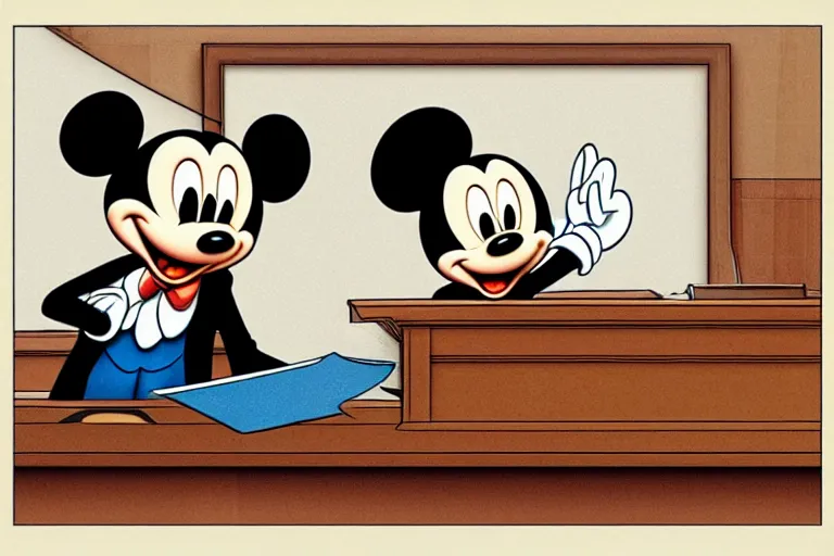 Prompt: detailed background courtroom sketch of vintage disney character lawyer mickey mouse presenting evidence of copyright infringement to the judge bench court room wooden serious dark tone