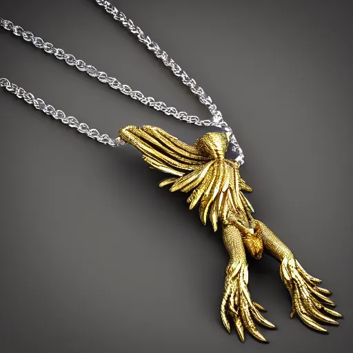 Image similar to 3 d silver and gold 2 tone necklace, on box chain, pendant is androgynous anatomical angel with 6 wings covered in eyes in a flying pose with 5 fingered hands on each side in a pose, casted in both silver and gold, high quality render, jewelry photography, octane render, studio lighting, ray traced