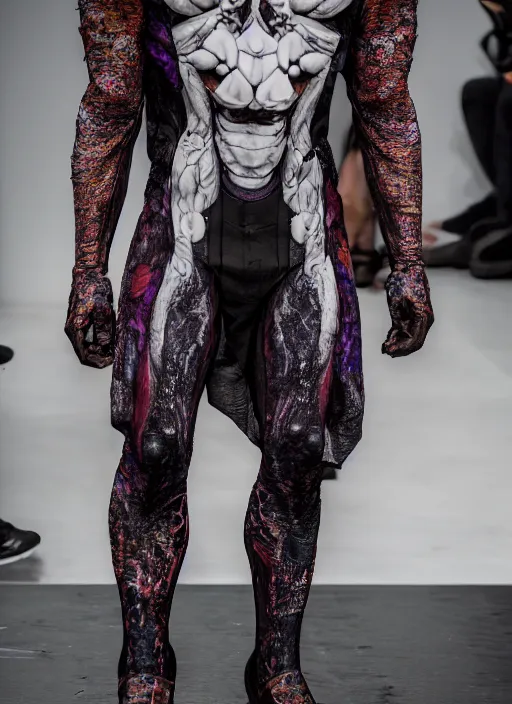 Image similar to hyperrealistic and heavy detailed off white avant garde runway show of thanos ( marvel comics ), leica sl 2 5 0 mm, vivid color, high quality, high textured, real life