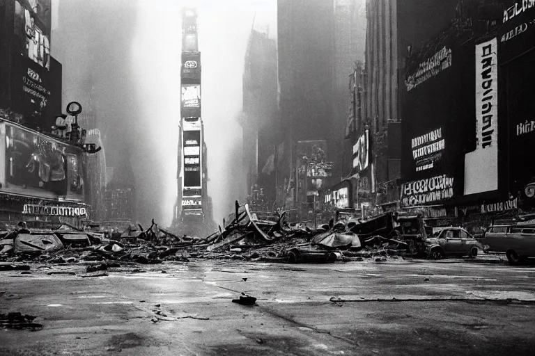 Image similar to dark photo of an destroyed times square after a nuclear attack, thunderstorm, gloomy, colorful, desolate