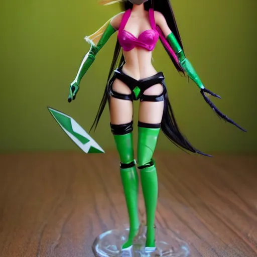 Image similar to league of legends akali as a Barbie doll. Kunai-weilding, green facemask, green outfit. PVC figure 12in.