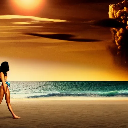 Image similar to beautiful bikini clad woman walking alone on a beach with a nuclear explosion in the background, rule of thirds