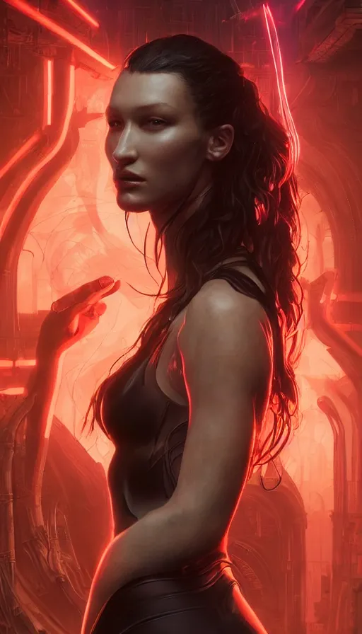 Image similar to altered carbon, young bella hadid, sweaty, tech, warhammer, neon, lord of the rings, intricate, highly detailed, digital painting, artstation, concept art, smooth, sharp focus, illustration, unreal engine 5, 8 k, art by artgerm and greg rutkowski and alphonse mucha