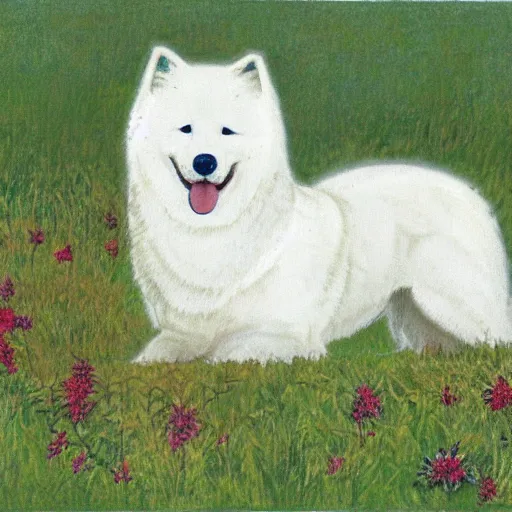 Prompt: a samoyed dog in a grassy field, in the style of carl larsson