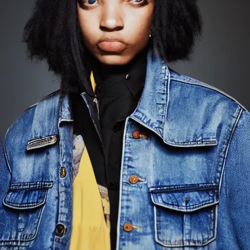 Image similar to realistic photoshooting for a new sacai emil lookbook color film photography portrait of a beautiful woman model, model wears a black paneled denim jacket, photo in style of tyler mitchell