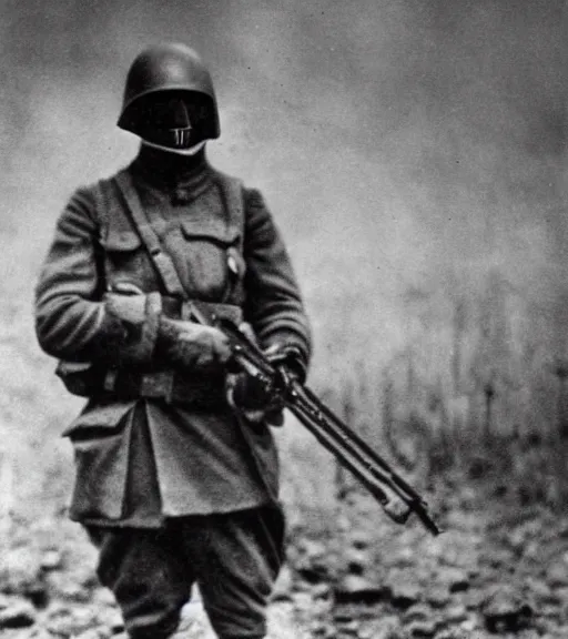 Image similar to a soldier wearing a scary mask in distance, ww1 film photo, grainy, high detail, high resolution