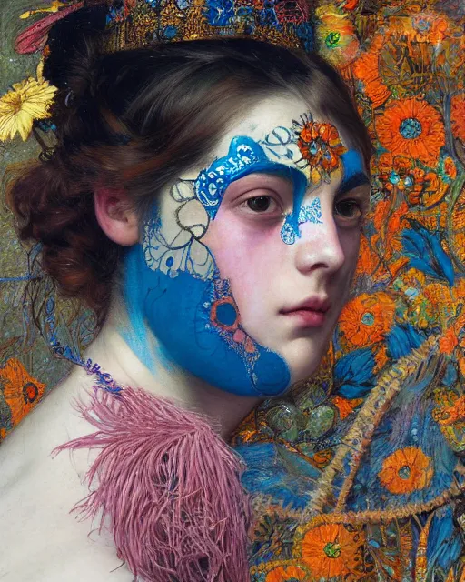 Image similar to a beautiful girl wearing colourful face paint surrounded by bright intricate patterns, by edgar maxence and caravaggio and michael whelan, intricate painting, hyper realistic, extremely detailed and beautiful aesthetic face, 8 k resolution