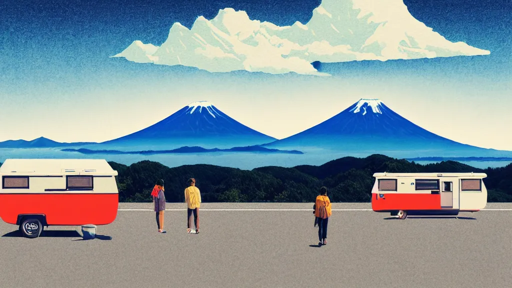 Image similar to a scene of two travellers and their camper touring overlook at the edge of yamanaka lake, reflecting mount fuji and a dramatic sky, japan, a collage painting, in the style of wes anderson, lola dupre, david hockney, isolated on negative white space background dark monochrome neon spraypaint accents volumetric octane render