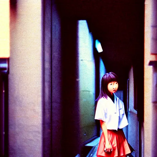 Image similar to 1990s perfect 8K HD professional cinematic photo of a japanese schoolgirl, in sci-fi alleyway at evening, at instagram, Behance, Adobe Lightroom, with instagram filters, depth of field, taken with polaroid kodak portra