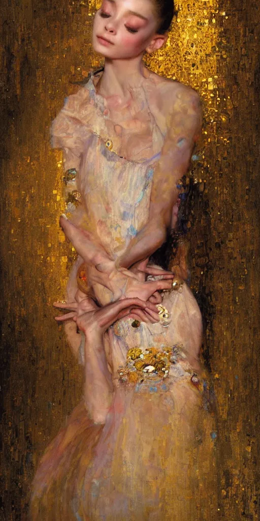 Image similar to an intricate portrait painting of an artistic pose young beautiful ballerina, klimt golden motives and textures, hyper - detailed, octane render, vivid colors, artstation, by jeremy mann, by gustav klimt