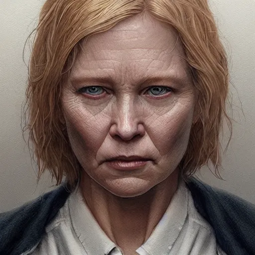 Image similar to ruth from ozark, character portrait, concept art, intricate details, highly detailed by greg rutkowski, michael whelan and gustave done