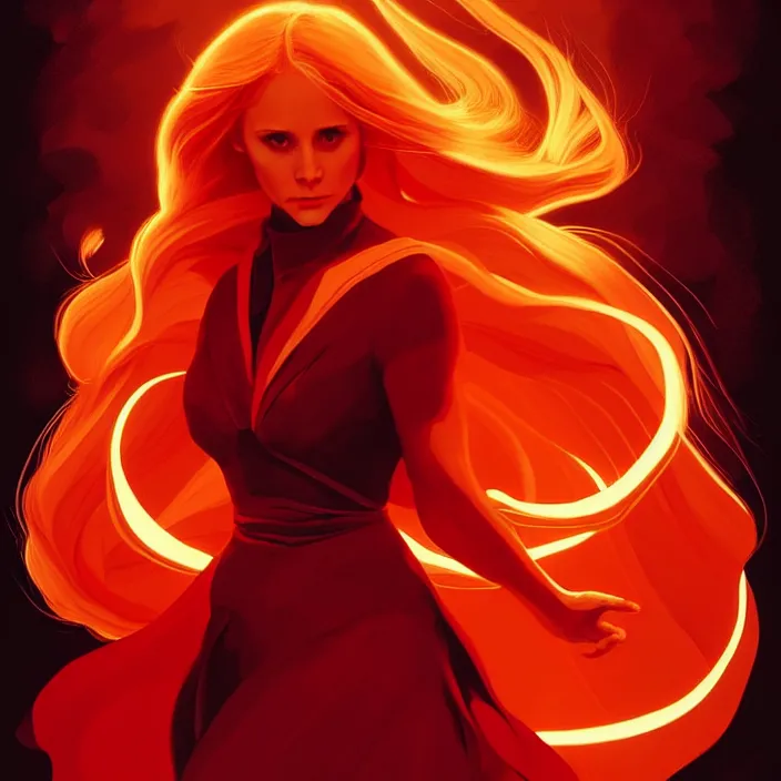 Image similar to style artgerm, joshua middleton, beautiful kristen bell with dark red dress, very long orange hair, symmetrical face, symmetrical eyes, fire powers fire swirling, detailed, volcano setting, [ potato ] cinematic lighting