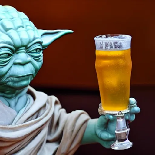 Prompt: a Marble Statue of Yoda drinking a glass of beer.