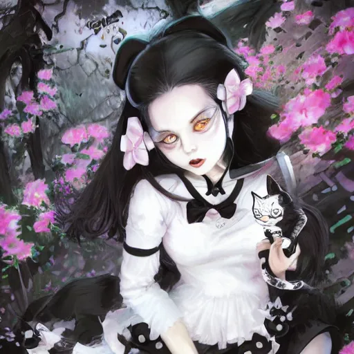 Image similar to Goth girl dressed in a hello kitty outfit, black and white cat next to it, by Stanley Artgerm Lau, WLOP, Rossdraws, James Jean, Andrei Riabovitchev, Marc Simonetti, Yoshitaka Amano, ArtStation, CGSociety,